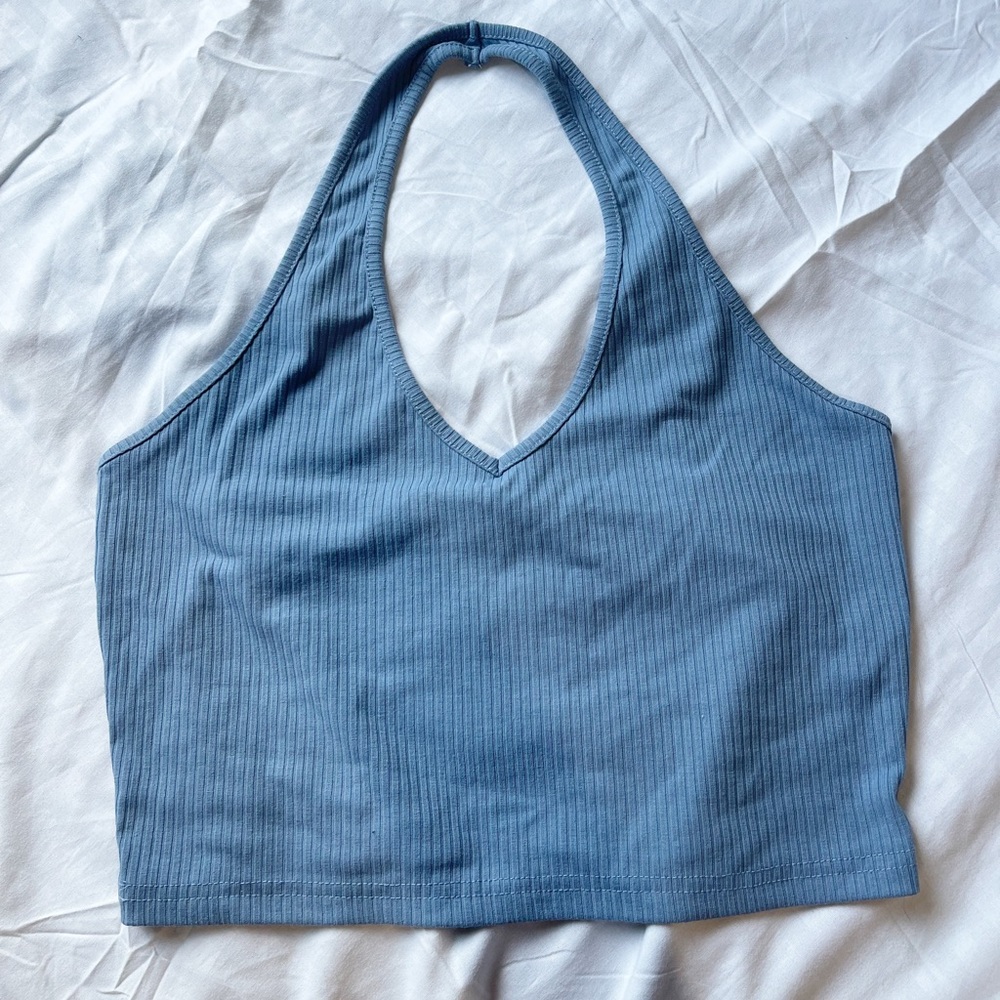 Rib-Knit Crop Halter Top Dusty Blue / M (6)